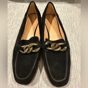 Crown Vintage Black Suede Loafers with Antiqued Gold Chain
